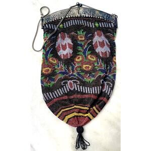 Large Victorian French Antique 1890 Beaded Bag Floral Metal Hinged Frame Purse